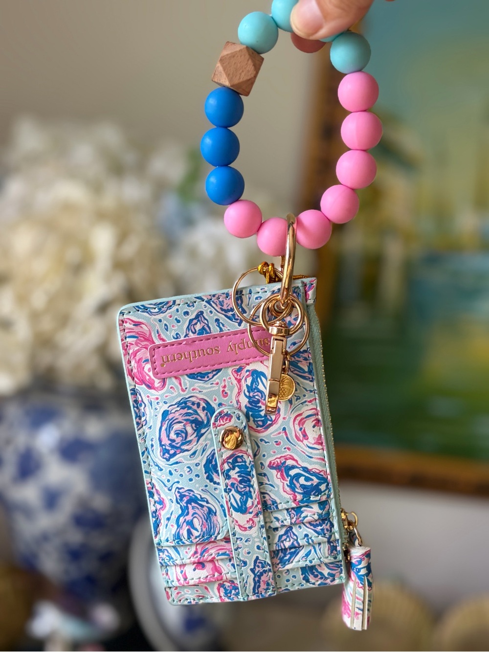 Simply Southern Pink & Blue Beaded Wristlet Card Holder w/Charm